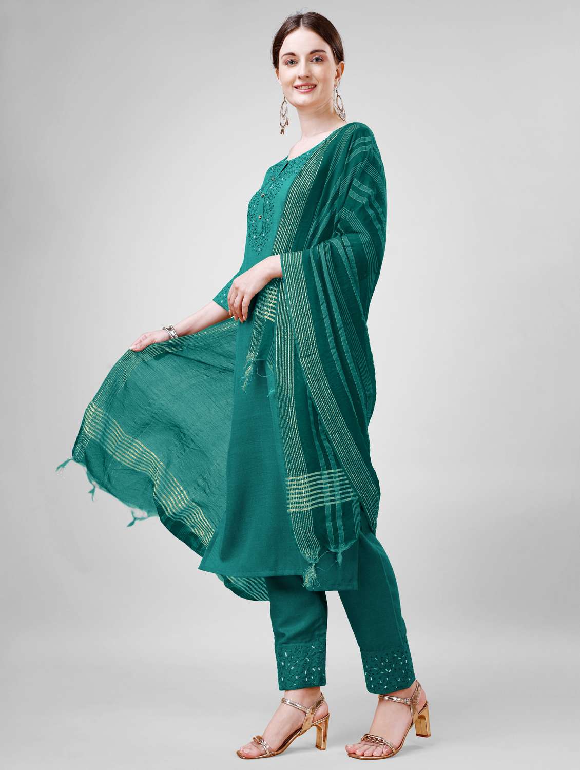 women embroidered three quarter sleeve kurta pant with dupatta set - 22014167 - Standard Image - 1