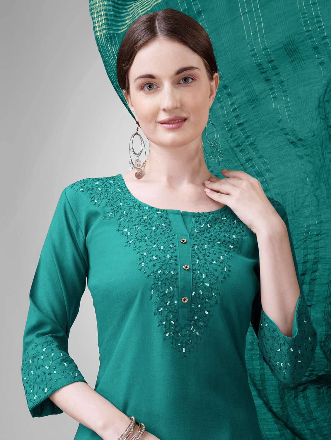 women embroidered three quarter sleeve kurta pant with dupatta set - 22014167 - Standard Image - 4