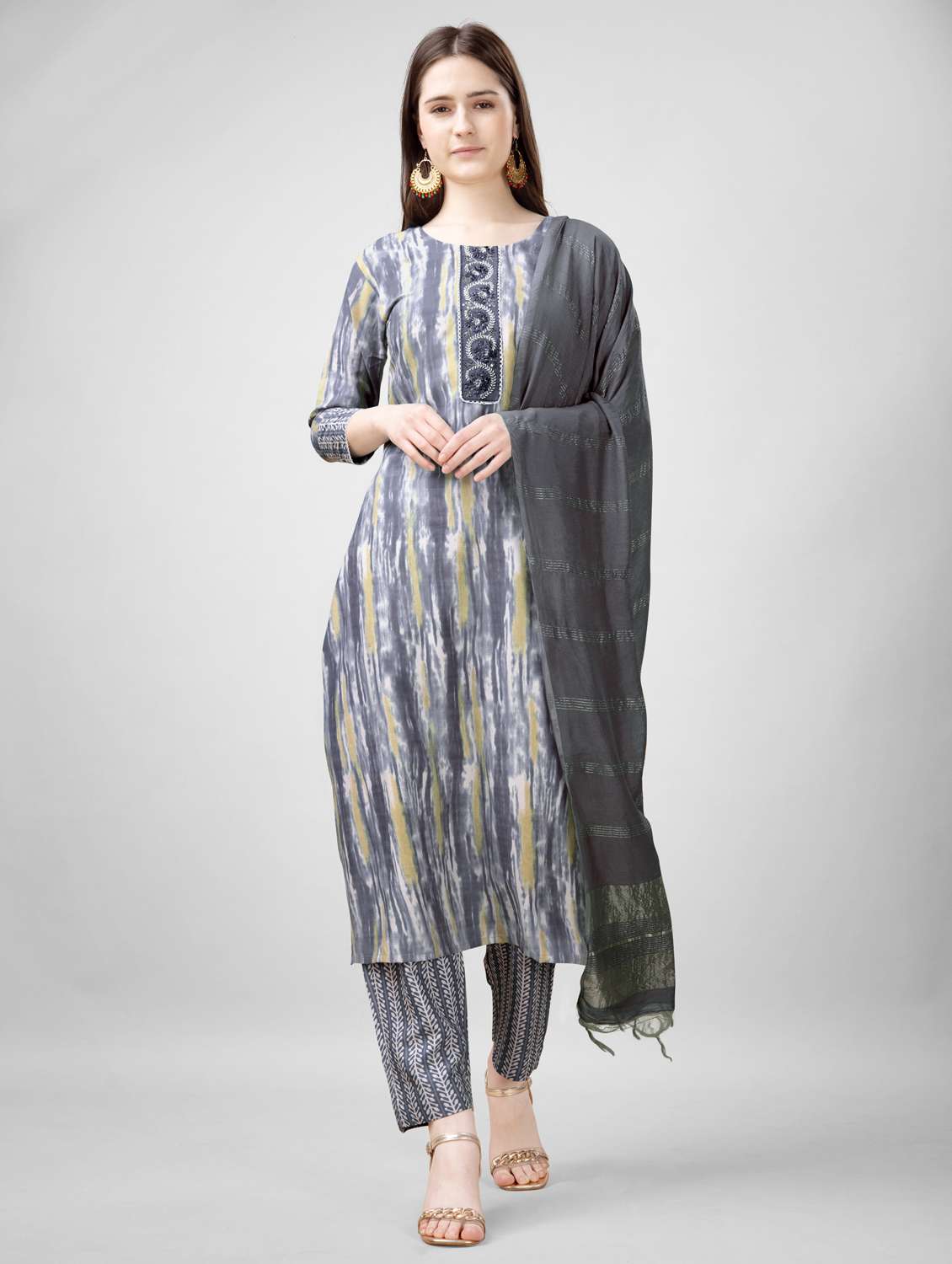 women three quarter sleeve kurta pant with dupatta set - 22014174 -  Standard Image - 1