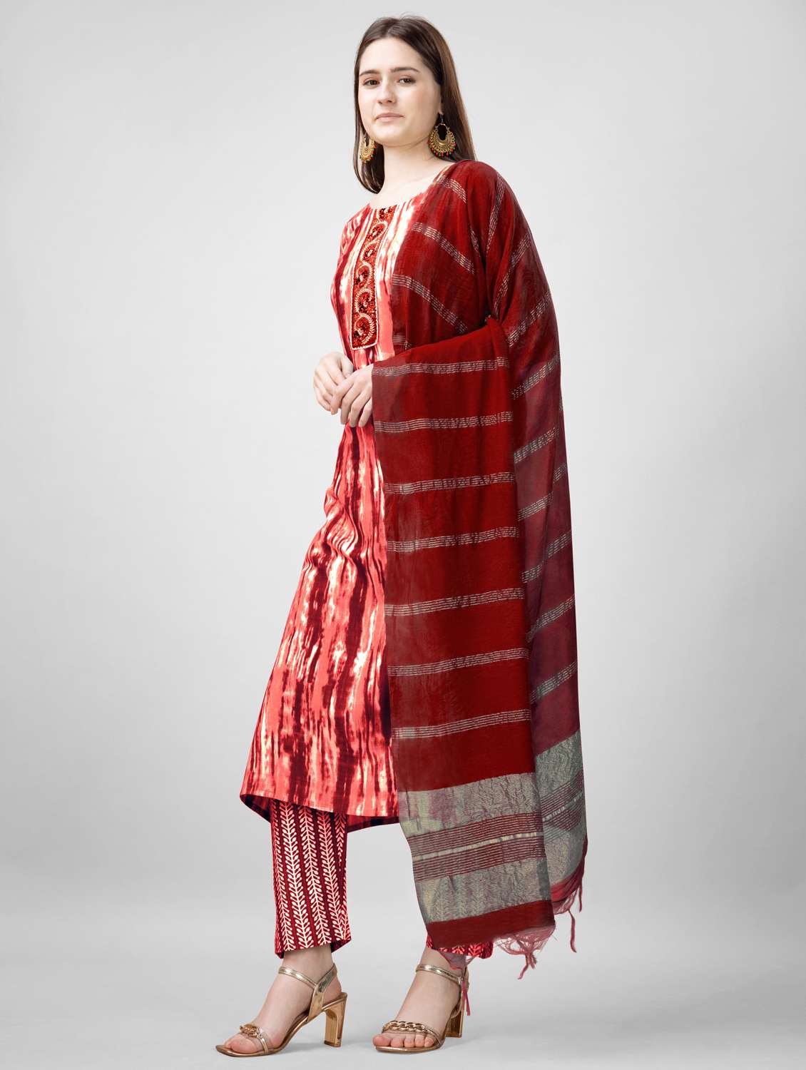 women printed three quarter sleeve kurta pant with dupatta set - 22014175 - Standard Image - 1