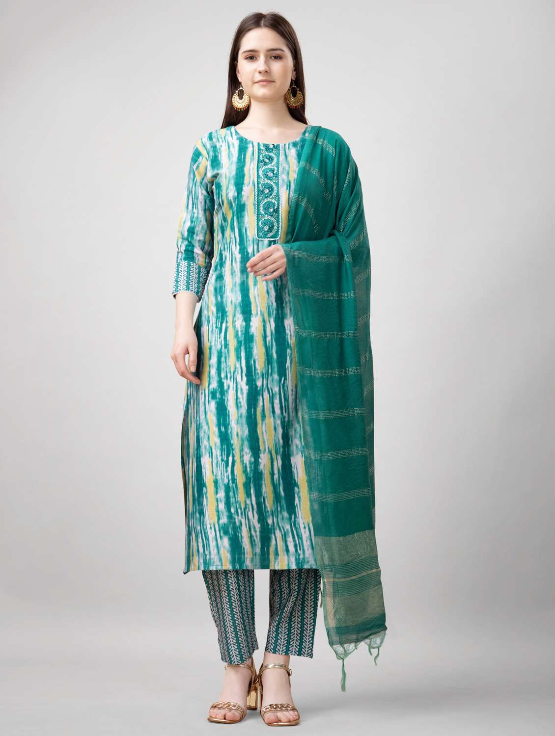 women printed three quarter sleeve kurta pant with dupatta set - 22014176 -  Standard Image - 1