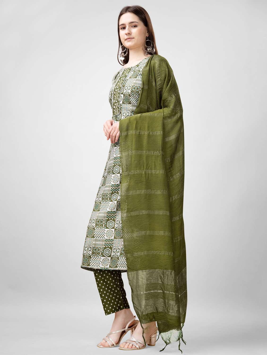 women printed three quarter sleeve kurta pant with dupatta set - 22014178 -  Standard Image - 1
