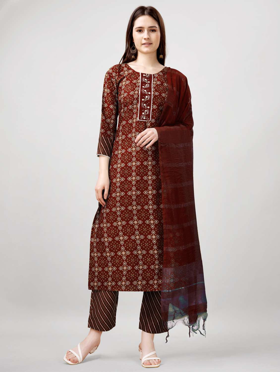women three quarter sleeve kurta pant with dupatta set - 22014182 -  Standard Image - 1