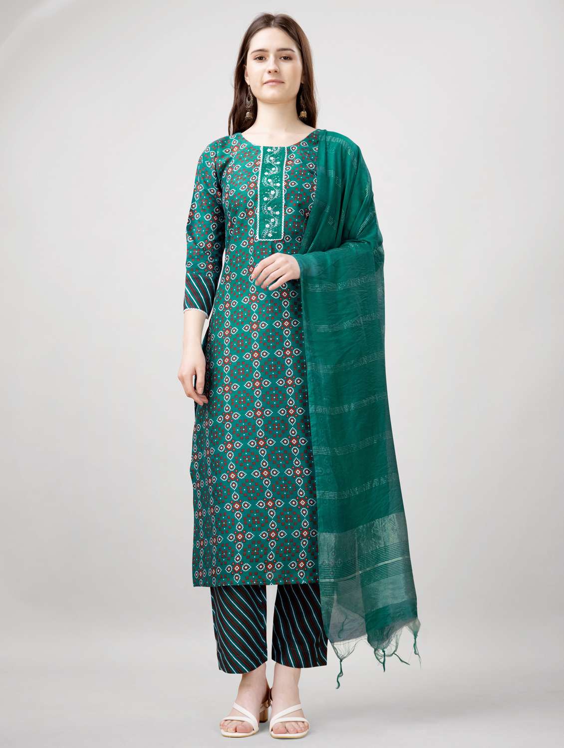 women three quarter sleeve kurta pant with dupatta set - 22014183 -  Standard Image - 1