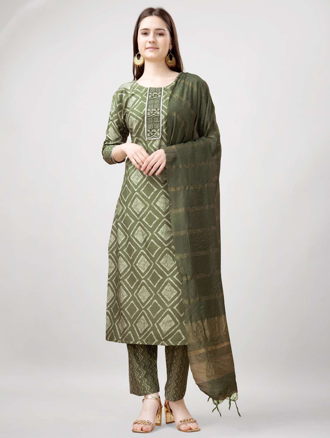 women three quarter sleeve kurta pant with dupatta set - 22014184 -  Standard Image - 1