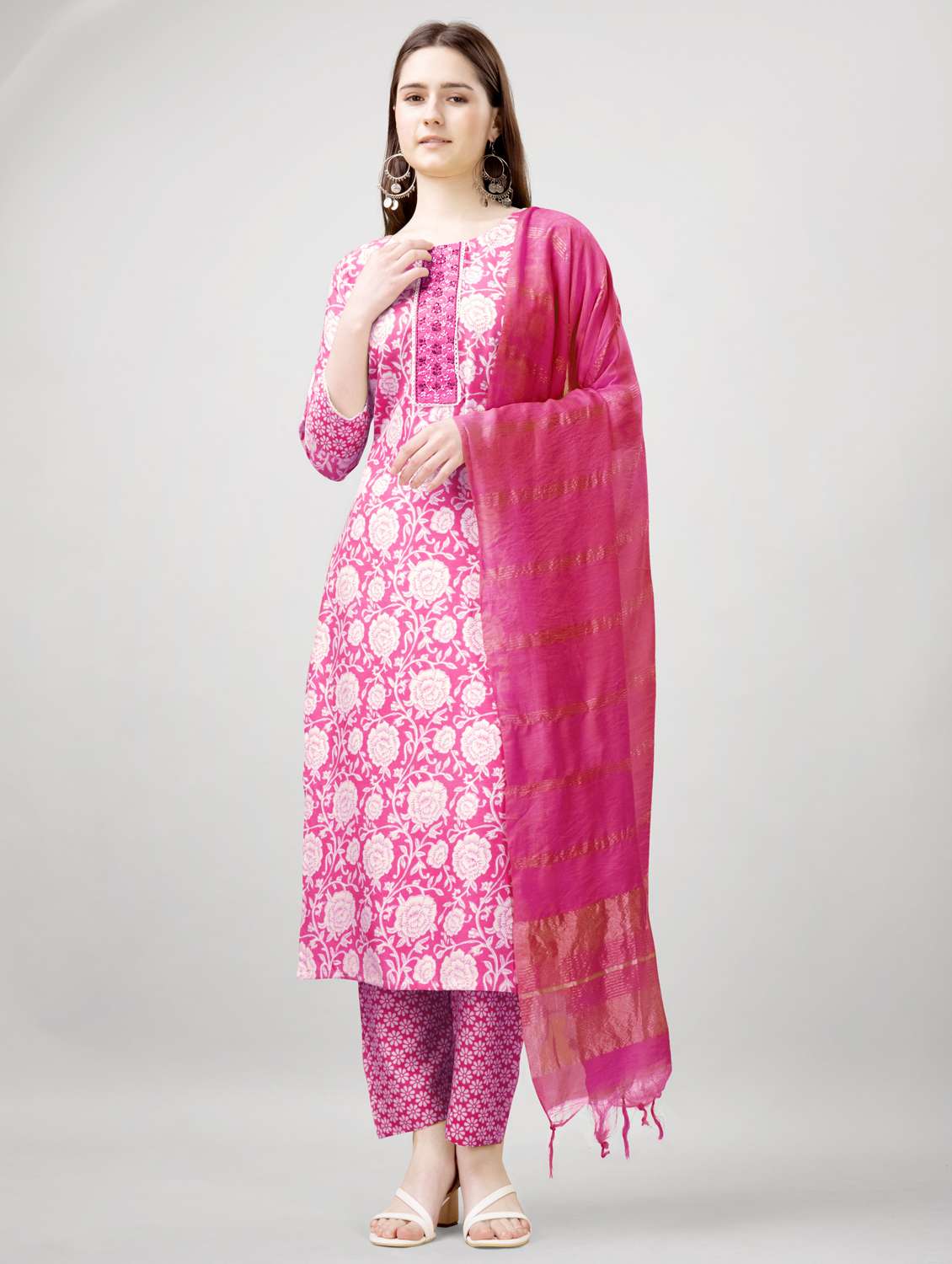 women three quarter sleeve kurta pant with dupatta set - 22014187 -  Standard Image - 1