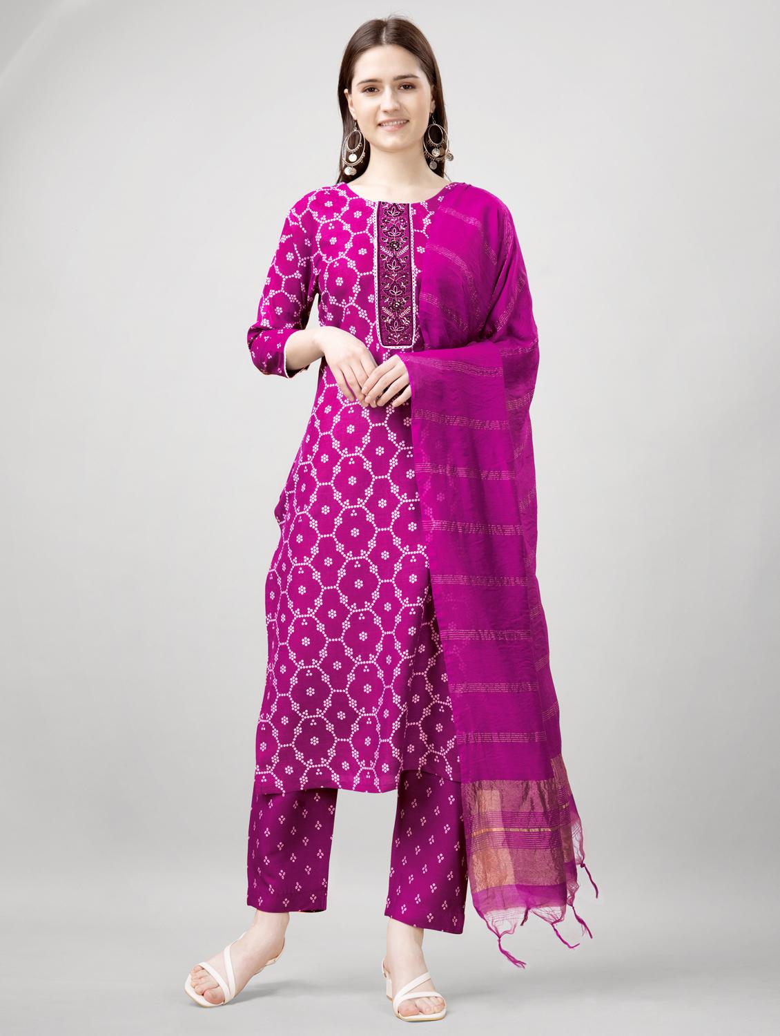 women three quarter sleeve kurta pant with dupatta set - 22014191 -  Standard Image - 1