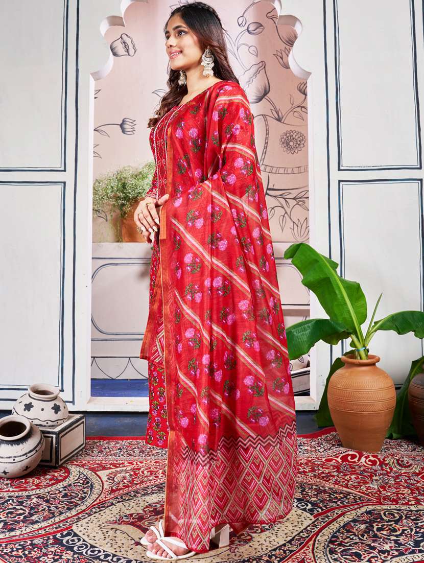 women printed three quarter sleeve kurta pant with dupatta set - 22014219 -  Standard Image - 1