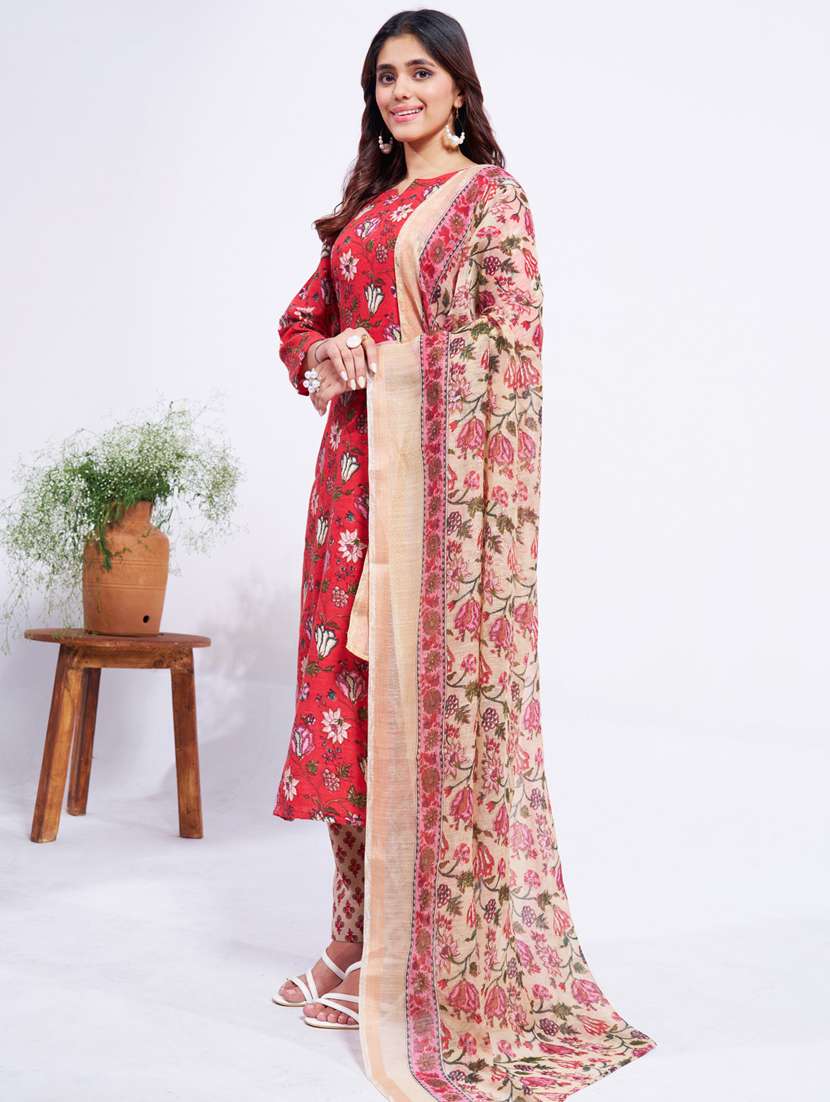 women printed three quarter sleeve kurta pant with dupatta set - 22014233 - Standard Image - 1