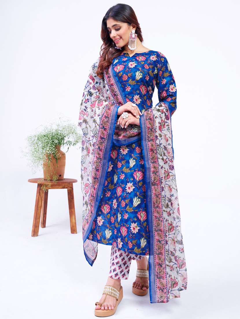 women printed three quarter sleeve kurta pant with dupatta set - 22014236 - Standard Image - 1