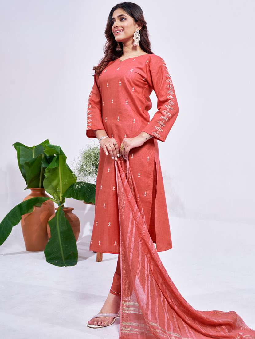 women embroidered three quarter sleeve kurta pant with dupatta set - 22014238 -  Standard Image - 1