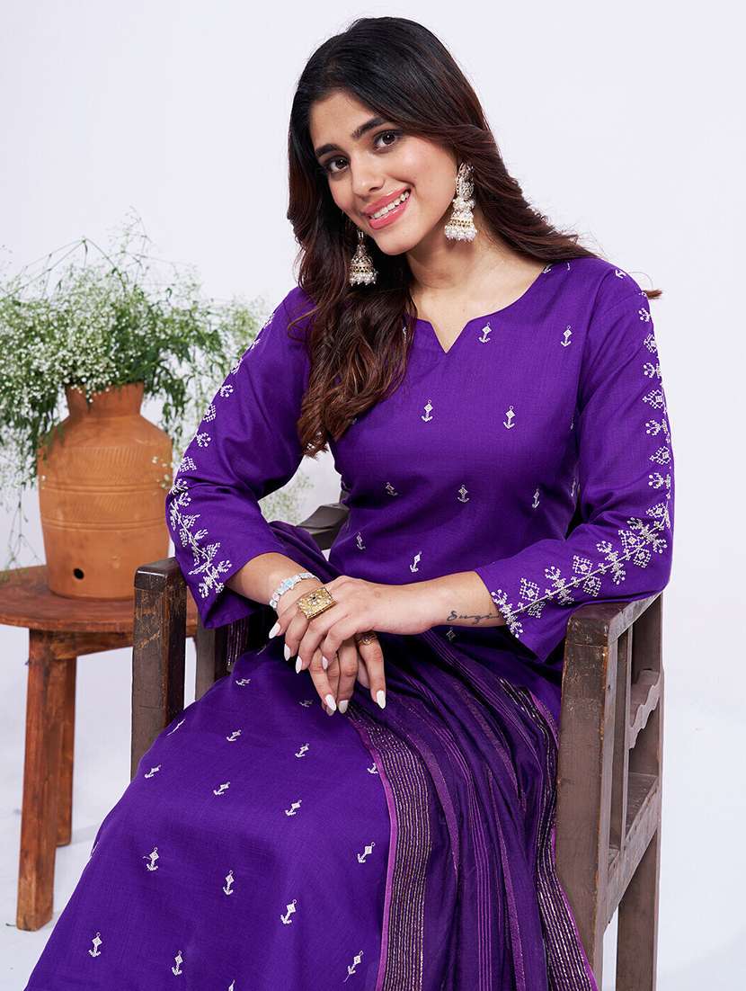 women embroidered three quarter sleeve kurta pant with dupatta set - 22014242 -  Standard Image - 1