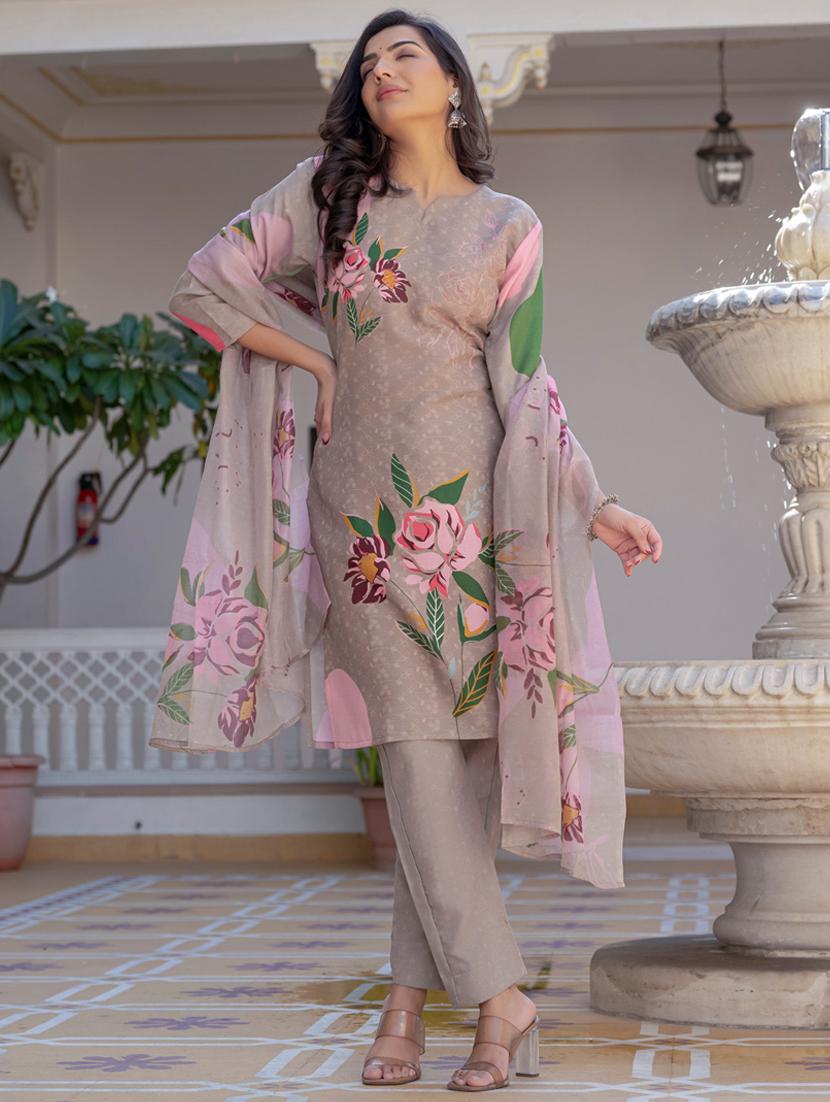 women floral print three quarter sleeve kurta pant with dupatta set - 22014245 - Standard Image - 1