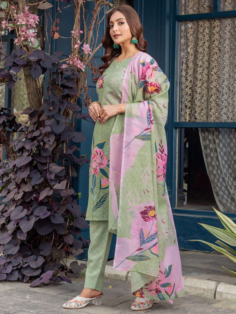 women floral print three quarter sleeve kurta pant with dupatta set - 22014248 - Standard Image - 1