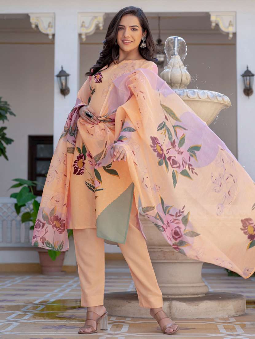 women floral print three quarter sleeve kurta pant with dupatta set - 22014249 - Standard Image - 1