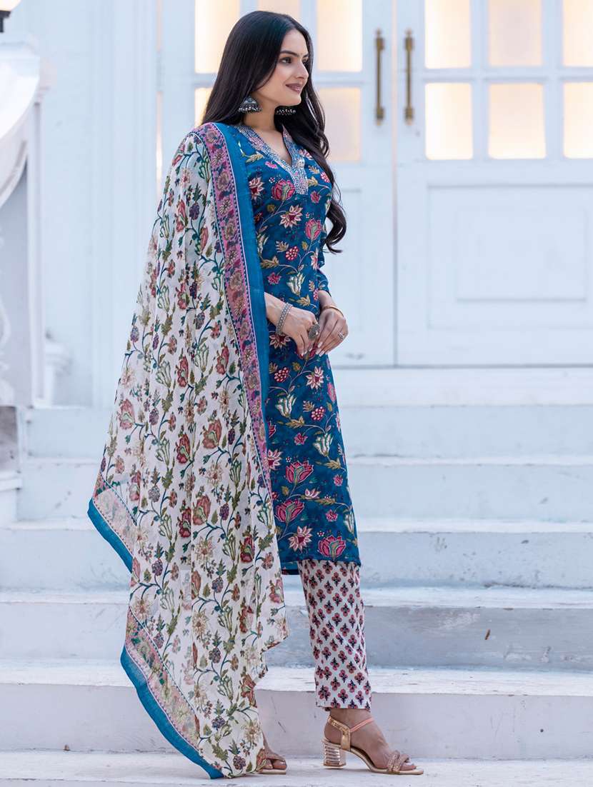 women floral print three quarter sleeve kurta pant with dupatta set - 22014259 - Standard Image - 1