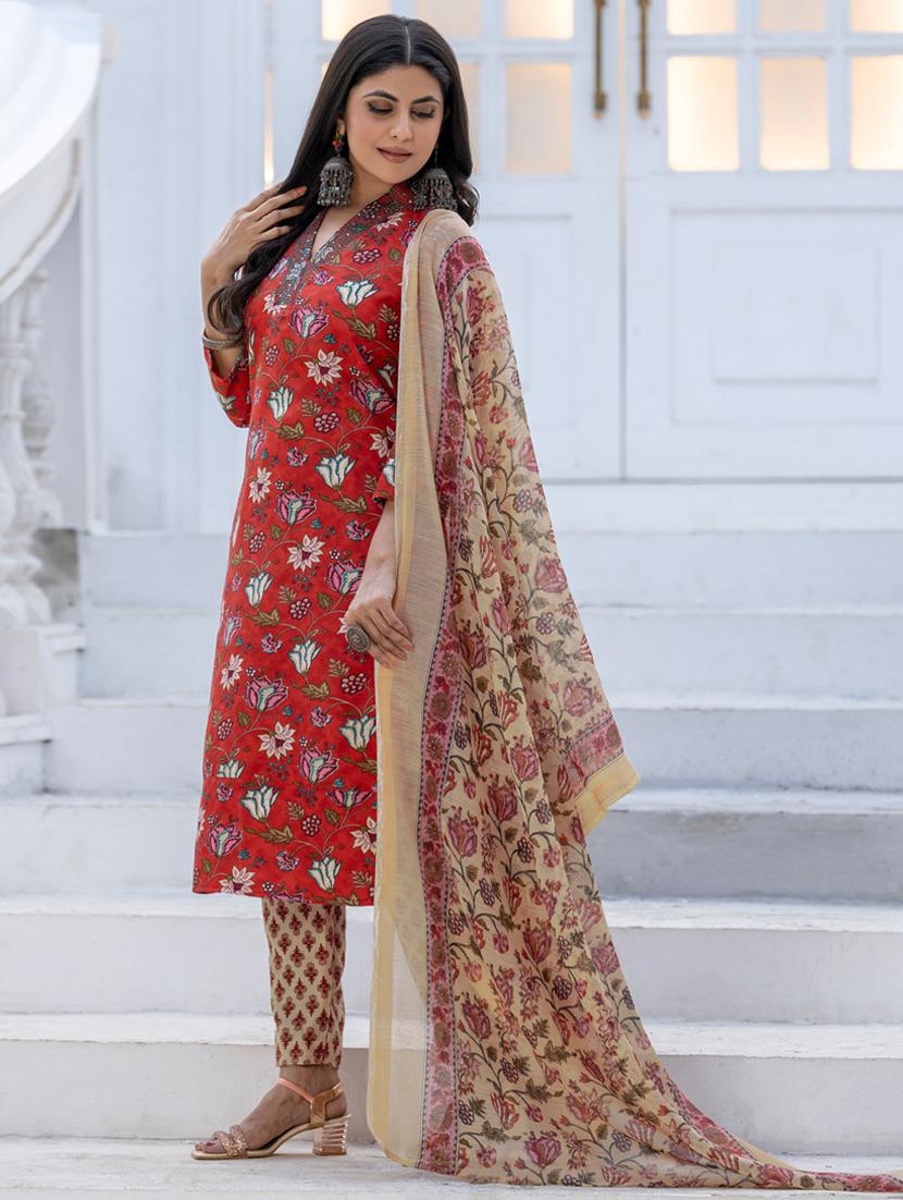 women floral print three quarter sleeve kurta pant with dupatta set - 22014260 -  Standard Image - 1