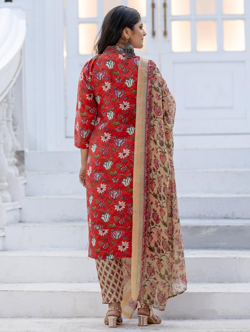 women floral print three quarter sleeve kurta pant with dupatta set - 22014260 - Standard Image - 4