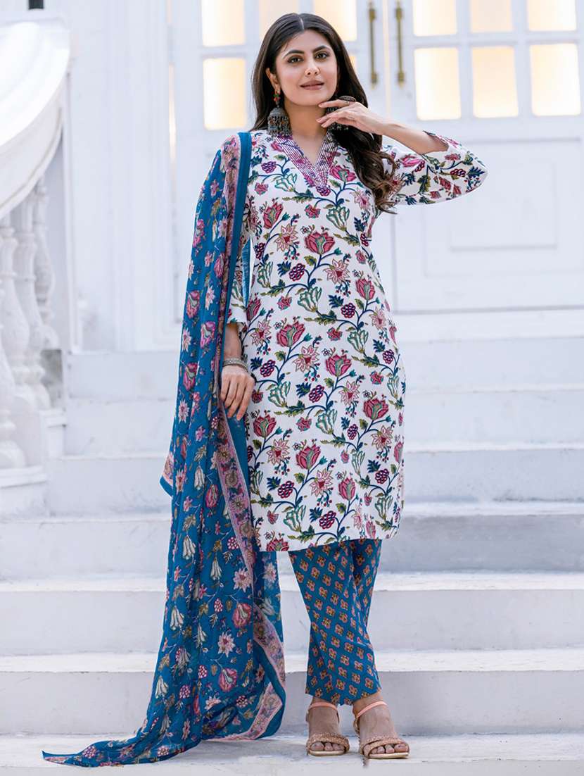 women floral print three quarter sleeve kurta pant with dupatta set - 22014261 - Standard Image - 1