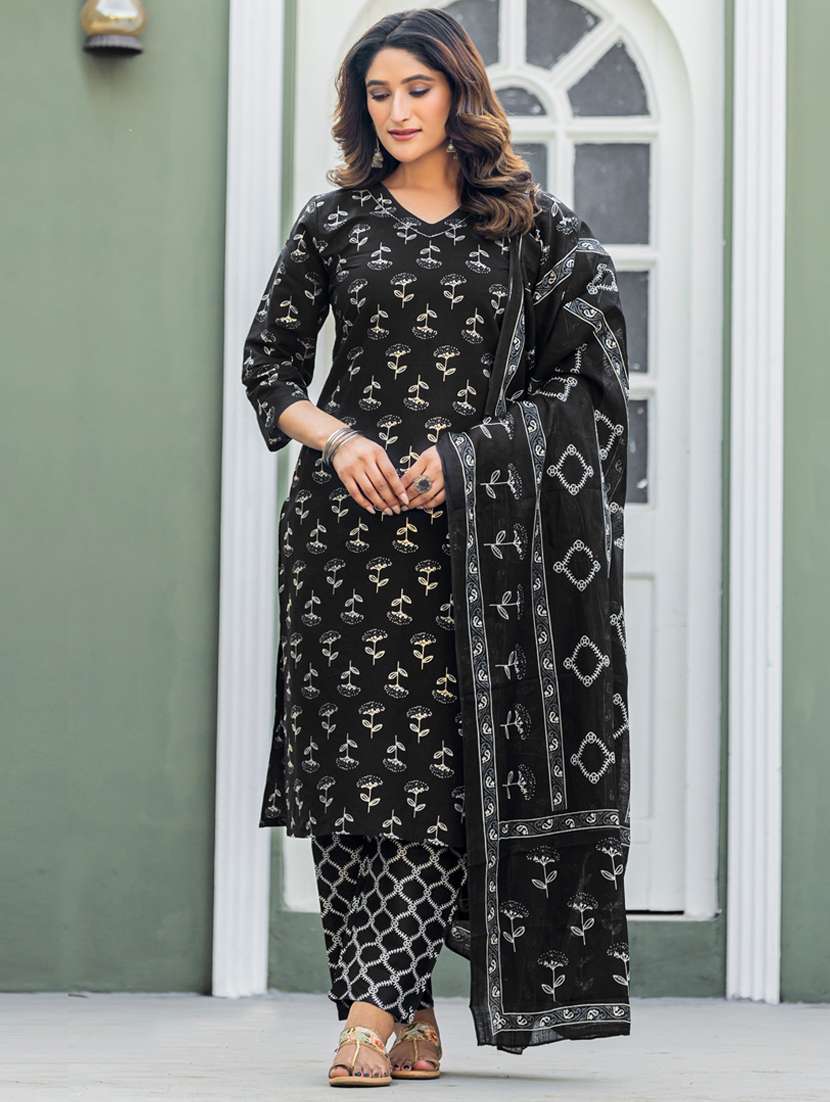women printed three quarter sleeve kurta pant with dupatta set - 22014263 - Standard Image - 1