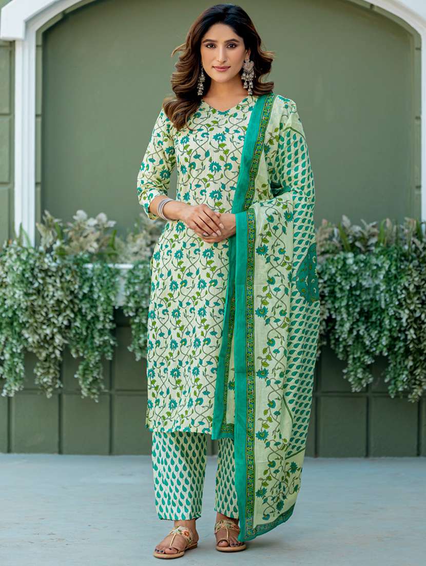 women printed three quarter sleeve kurta pant with dupatta set - 22014272 -  Standard Image - 1