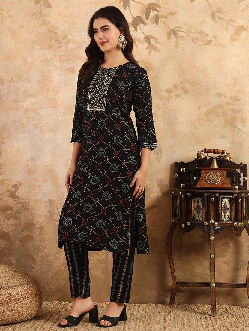 women printed three quarter sleeve kurta pant set - 22014280 -  Standard Image - 1