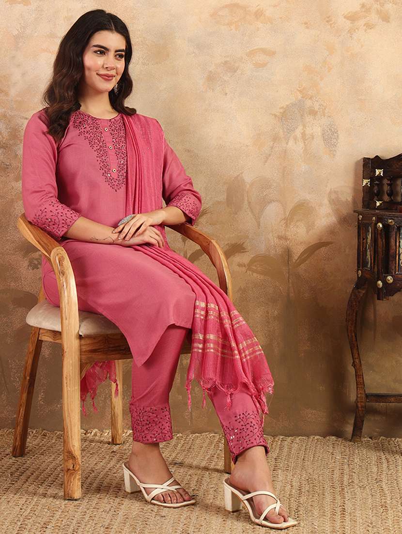 women three quarter sleeve kurta pant with dupatta set - 22014283 - Standard Image - 1