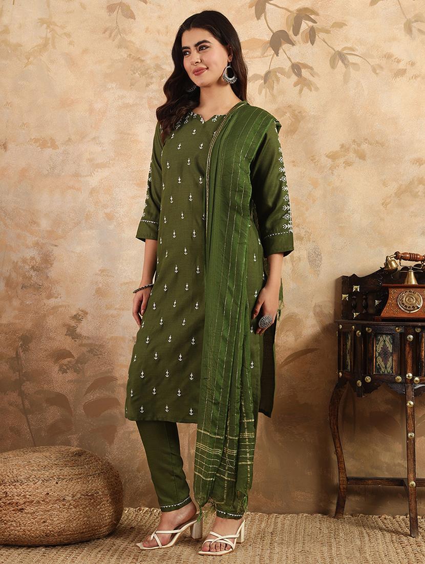 women three quarter sleeve kurta pant with dupatta set - 22014284 - Standard Image - 1