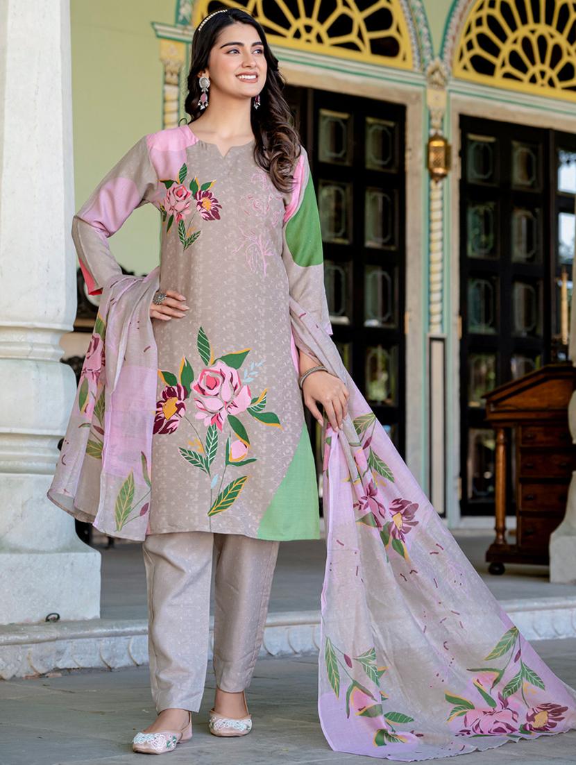 women printed three quarter sleeve kurta pant with dupatta set - 22014289 - Standard Image - 1