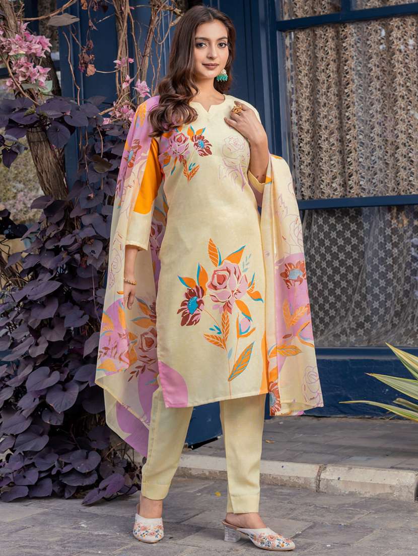 women printed three quarter sleeve kurta pant with dupatta set - 22014290 - Standard Image - 1