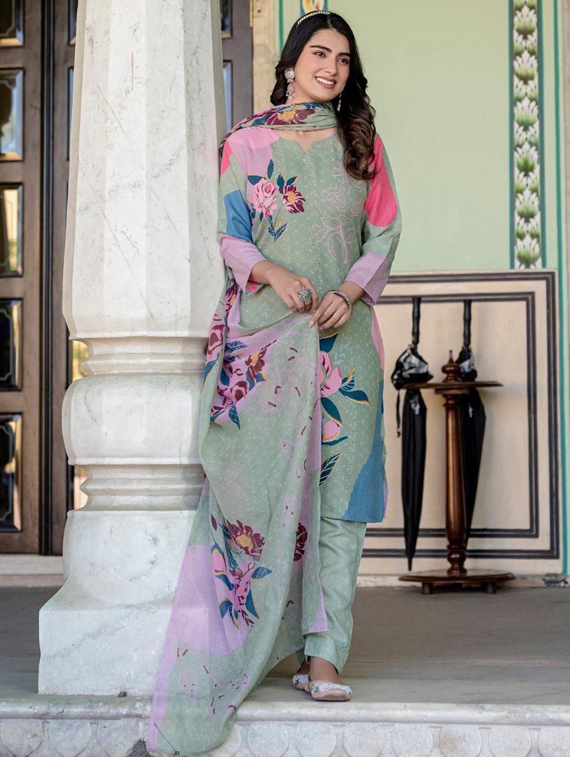 women printed three quarter sleeve kurta pant with dupatta set - 22014292 -  Standard Image - 1