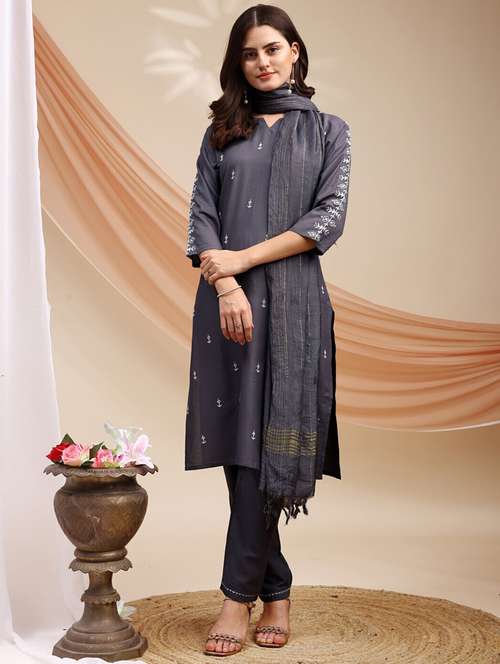 women three quarter sleeve kurta pant with dupatta set - 22014298 -  Standard Image - 0