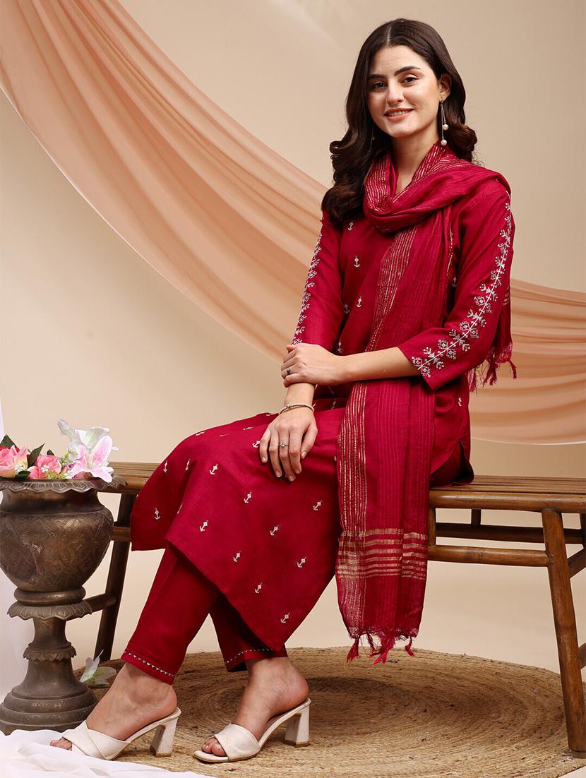 women three quarter sleeve kurta pant with dupatta set - 22014300 -  Standard Image - 1