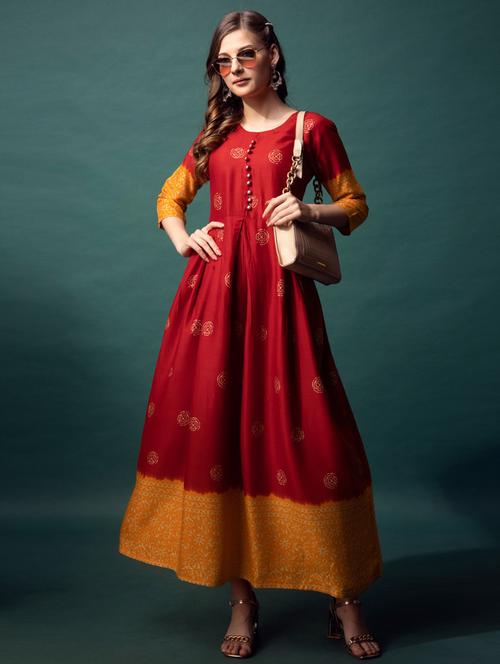women printed three quarter sleeve flared kurta - 22014312 -  Standard Image - 0