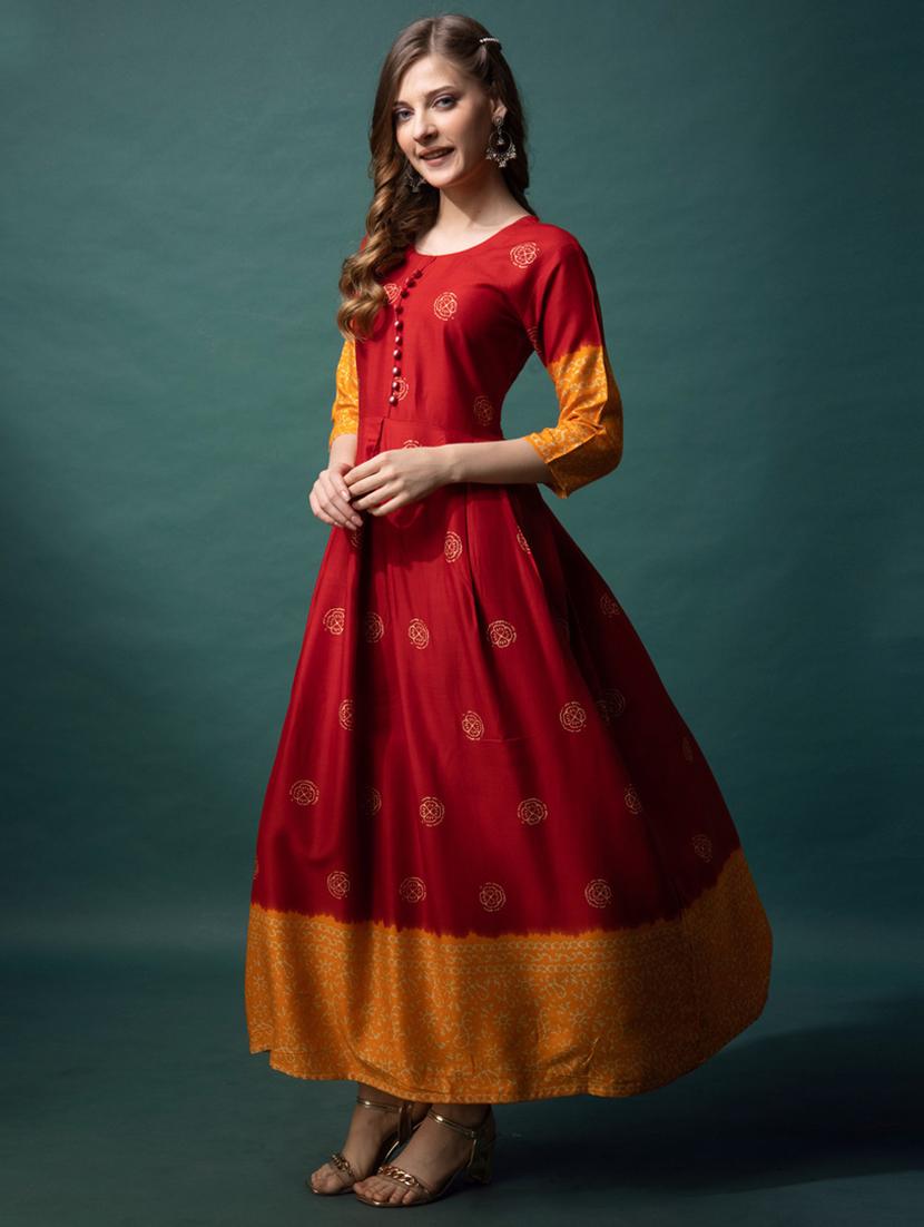 women printed three quarter sleeve flared kurta - 22014312 -  Standard Image - 1