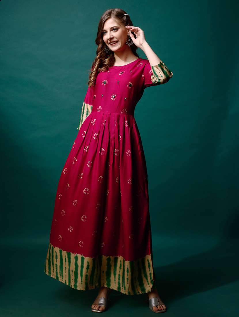 women printed three quarter sleeve anarkali kurta - 22014314 -  Standard Image - 1