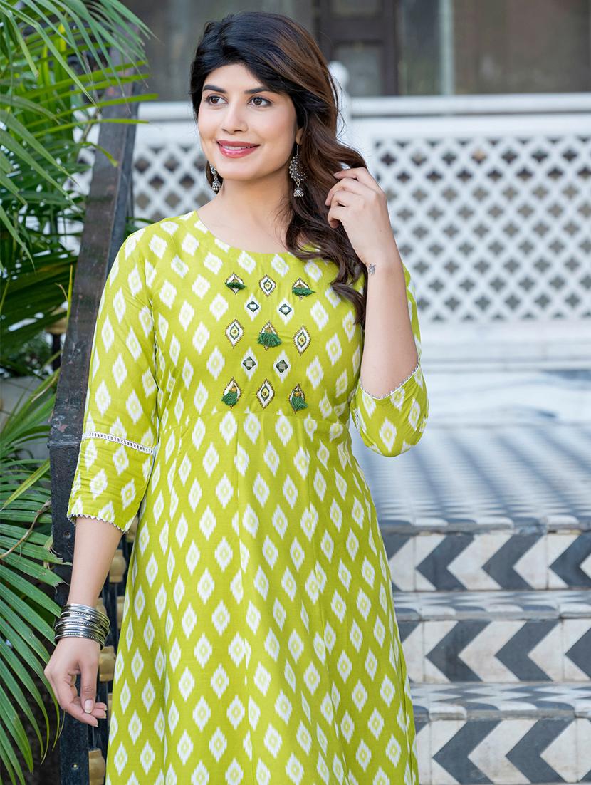women printed three quarter sleeve a-line kurta - 22014320 - Standard Image - 1