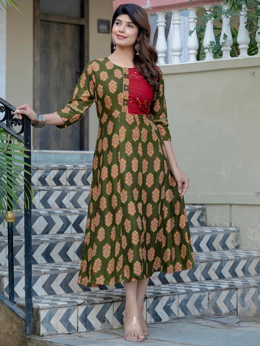 women printed three quarter sleeve a-line kurta - 22014321 - Zoom Image - 0