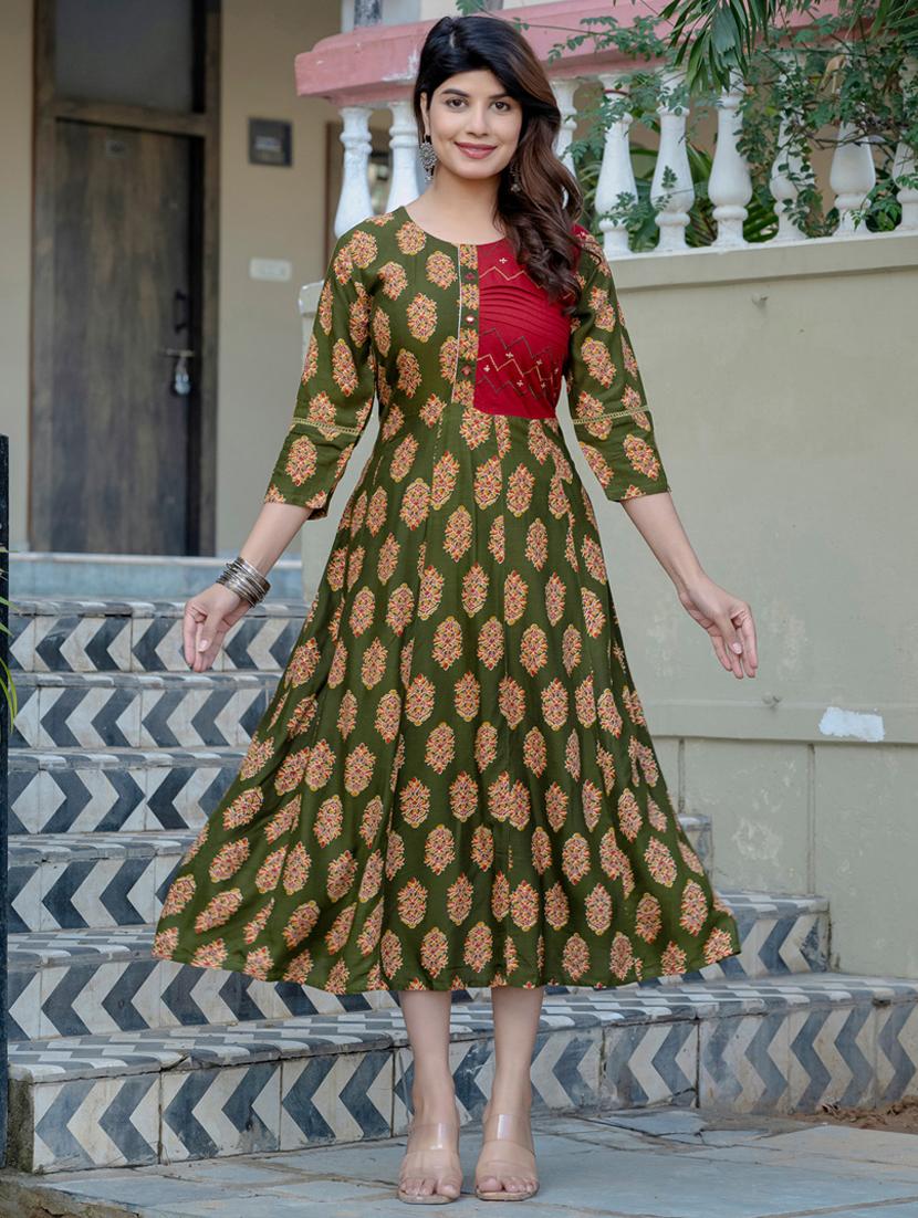 women printed three quarter sleeve a-line kurta - 22014321 - Standard Image - 1