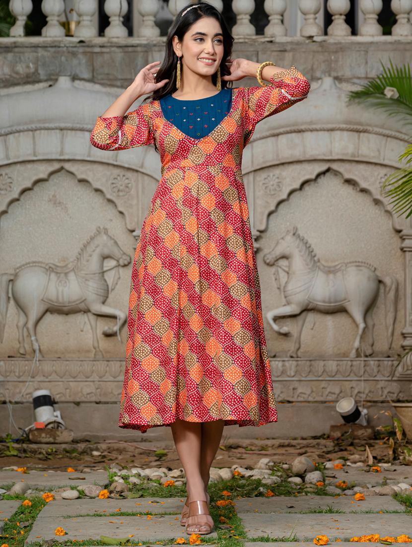 women printed three quarter sleeve anarkali kurta - 22014324 - Zoom Image - 0