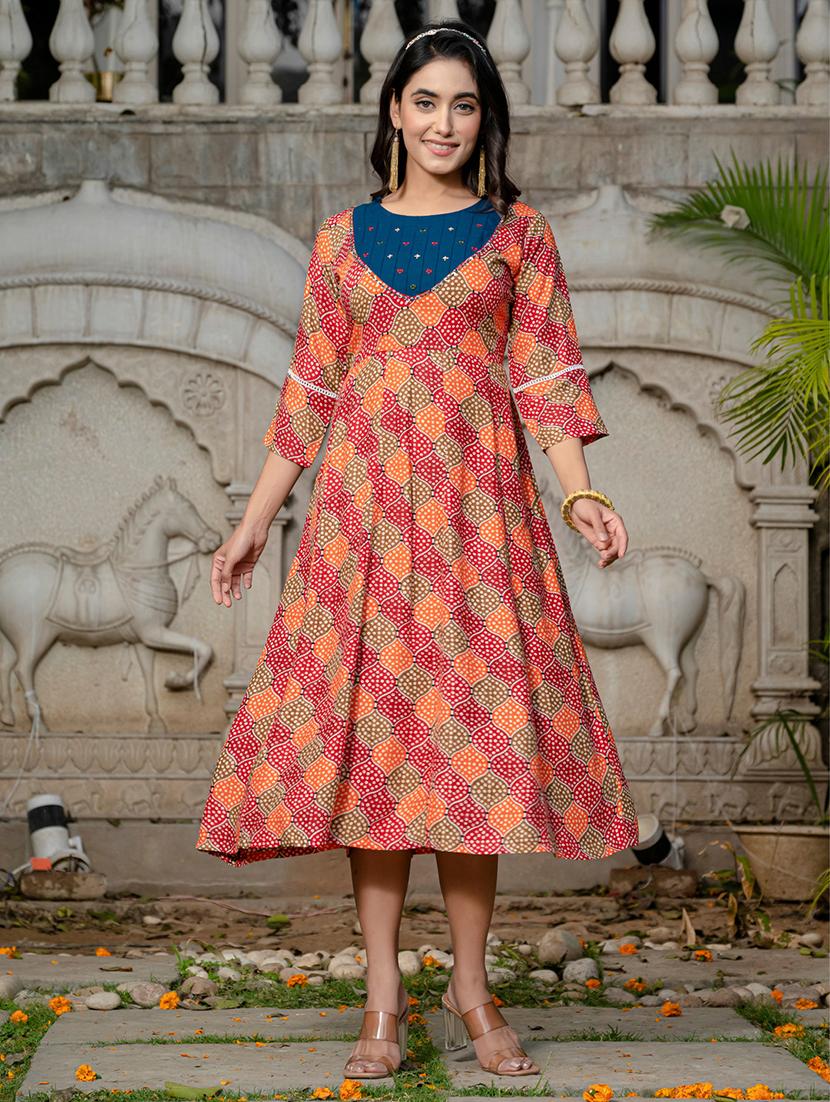 women printed three quarter sleeve anarkali kurta - 22014324 - Standard Image - 1