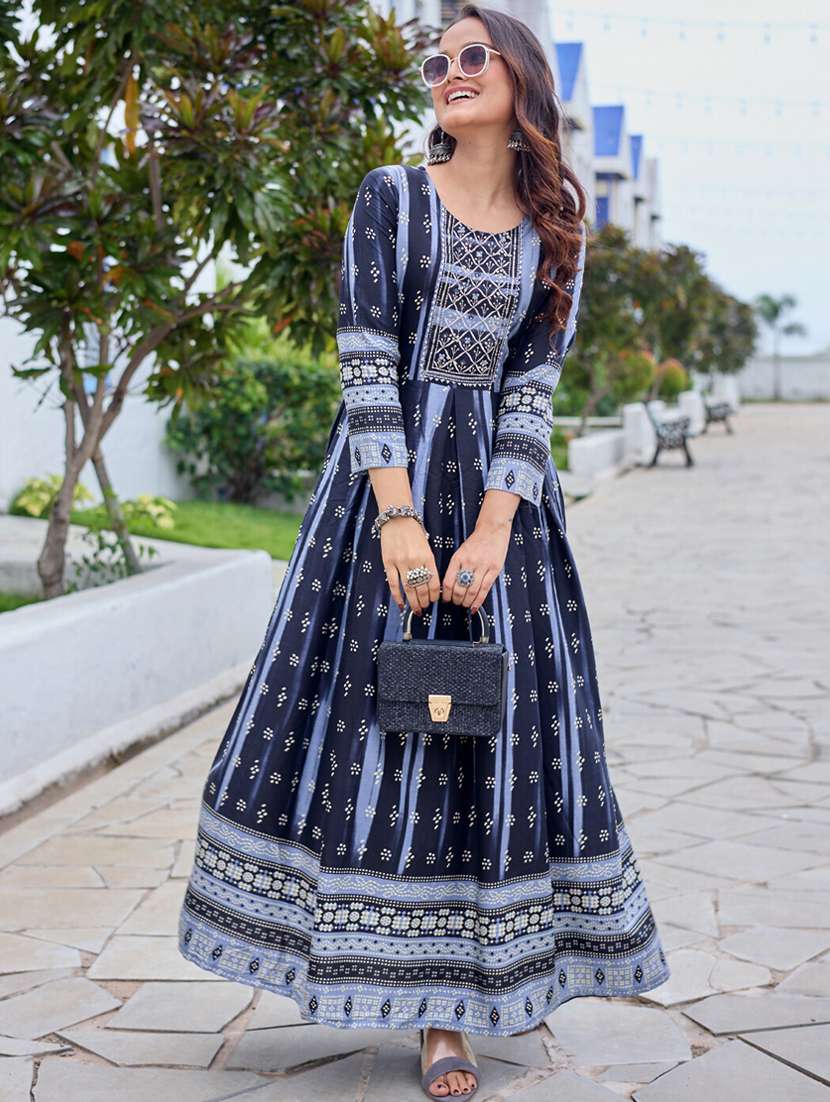 women printed three quarter sleeve anarkali kurta - 22014325 - Standard Image - 1