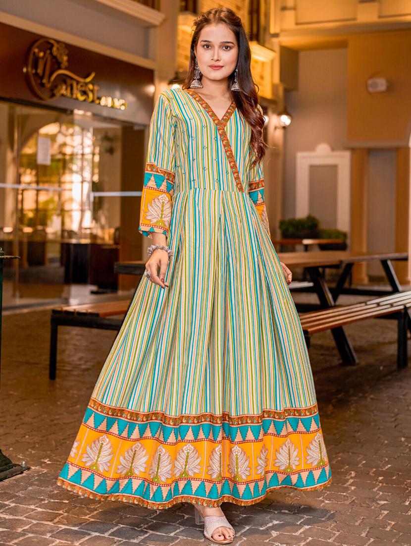 women striped three quarter sleeve anarkali kurta - 22014328 -  Zoom Image - 0