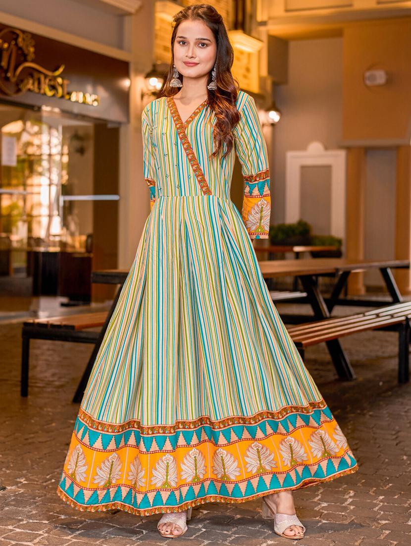 women striped three quarter sleeve anarkali kurta - 22014328 - Standard Image - 1