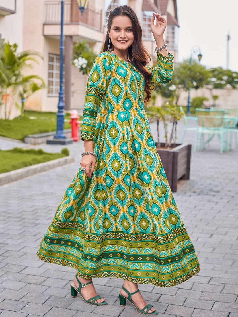 women printed three quarter sleeve anarkali kurta - 22014330 - Standard Image - 1