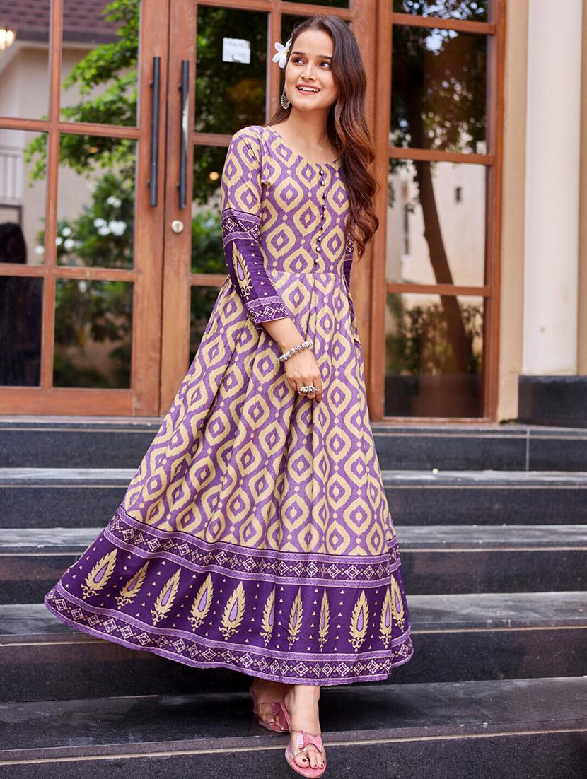 women printed three quarter sleeve anarkali kurta - 22014331 - Standard Image - 1