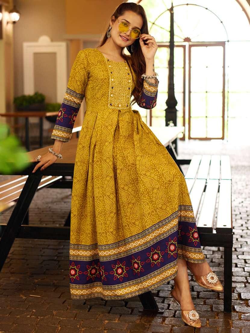 women printed three quarter sleeve anarkali kurta - 22014335 - Standard Image - 1