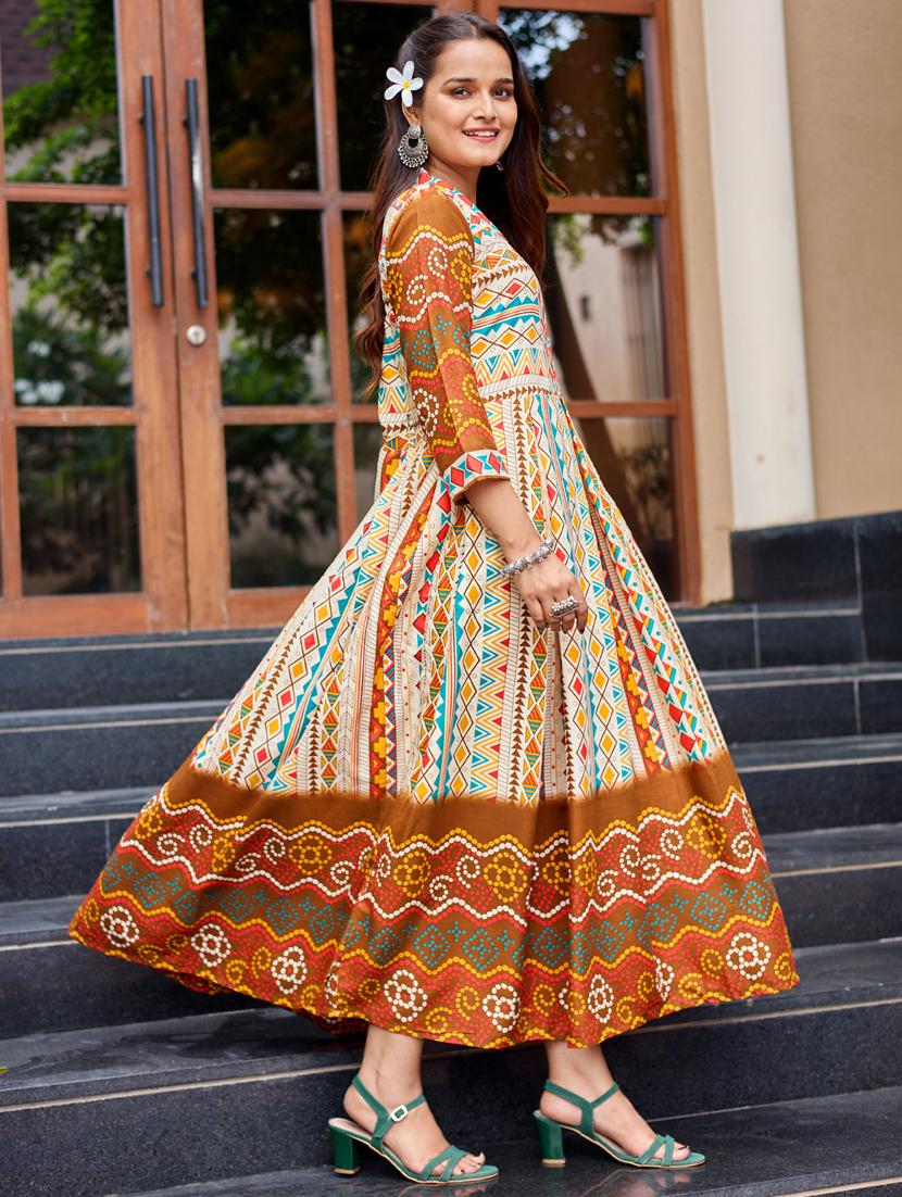 women printed three quarter sleeve anarkali kurta - 22014339 - Standard Image - 1