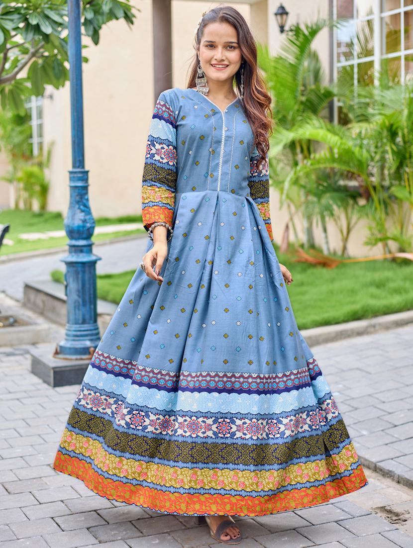 women printed three quarter sleeve anarkali kurta - 22014340 - Standard Image - 1