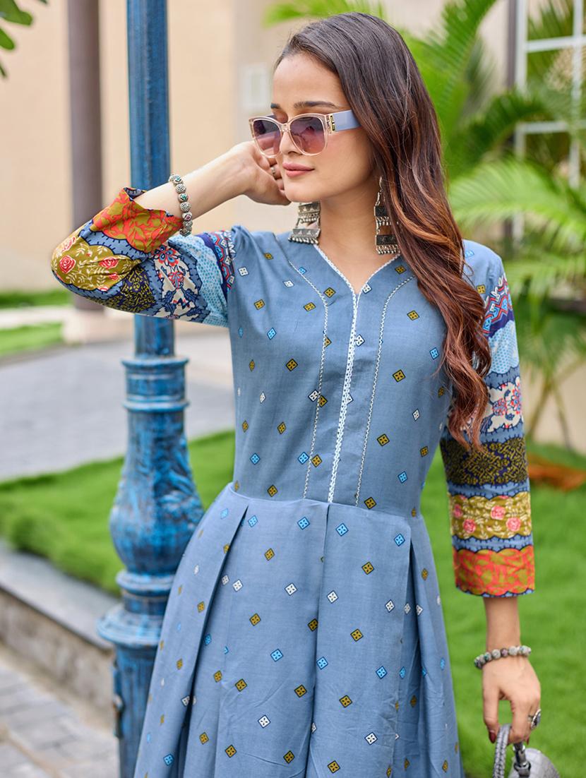 women printed three quarter sleeve anarkali kurta - 22014340 - Standard Image - 4